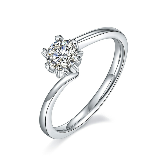 0.5 Carat Round Solitaire Moissanite Engagement Ring in Sterling Silver with 6 Heart-shaped Prongs