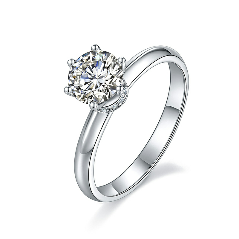 Sterling Silver Round Moissanite and White Diamond Ladies Solitaire Ring