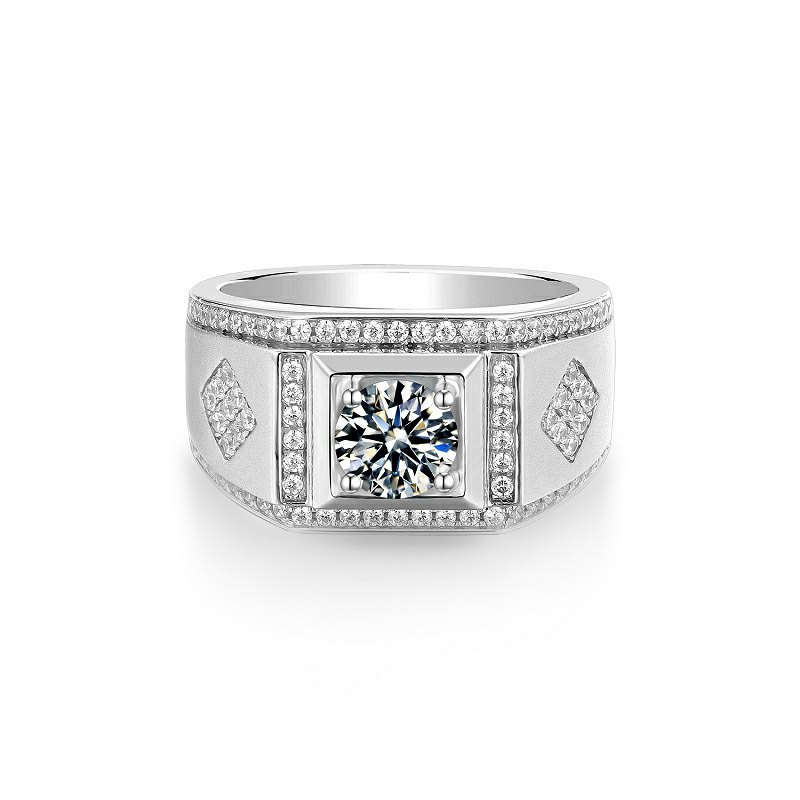 Moissanite Man Rings 1ct with White Gold Plated 925 Silver Setting