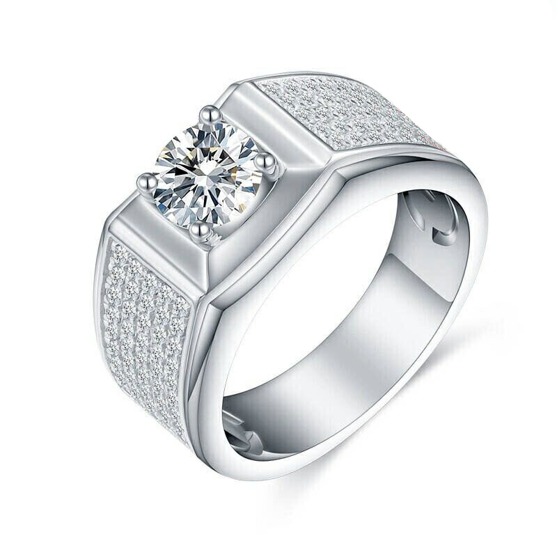 Rhodium Plated 925 Sterling Silver 1ct Round Moissanite Men Rings