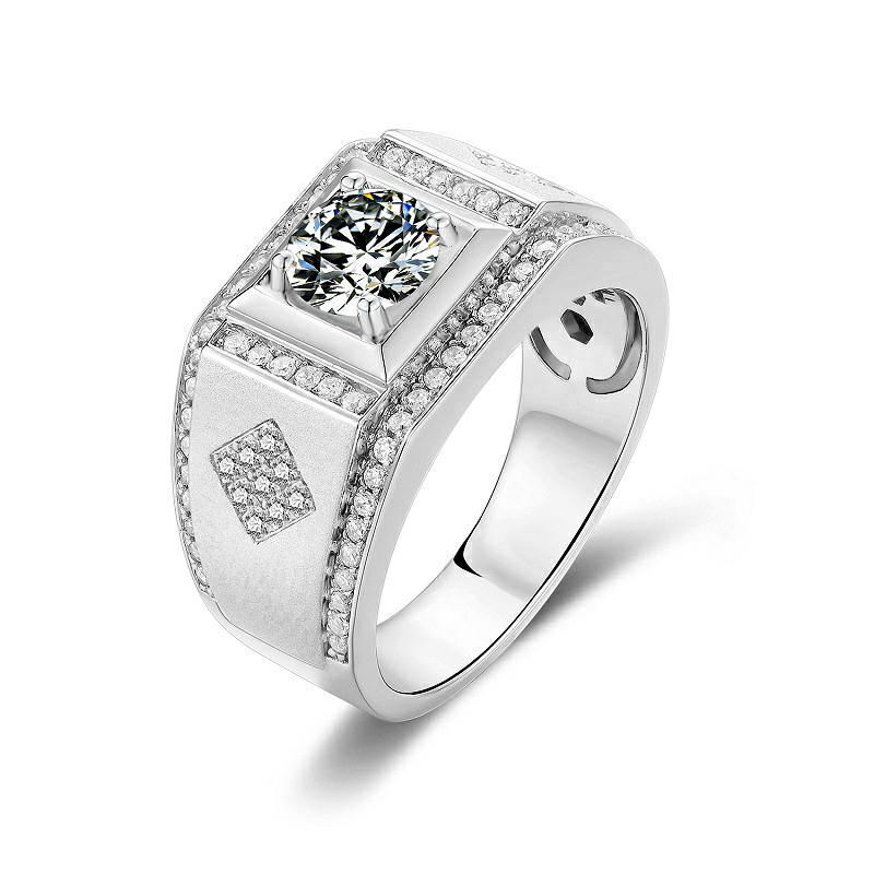 Moissanite Man Rings 1ct with White Gold Plated 925 Silver Setting