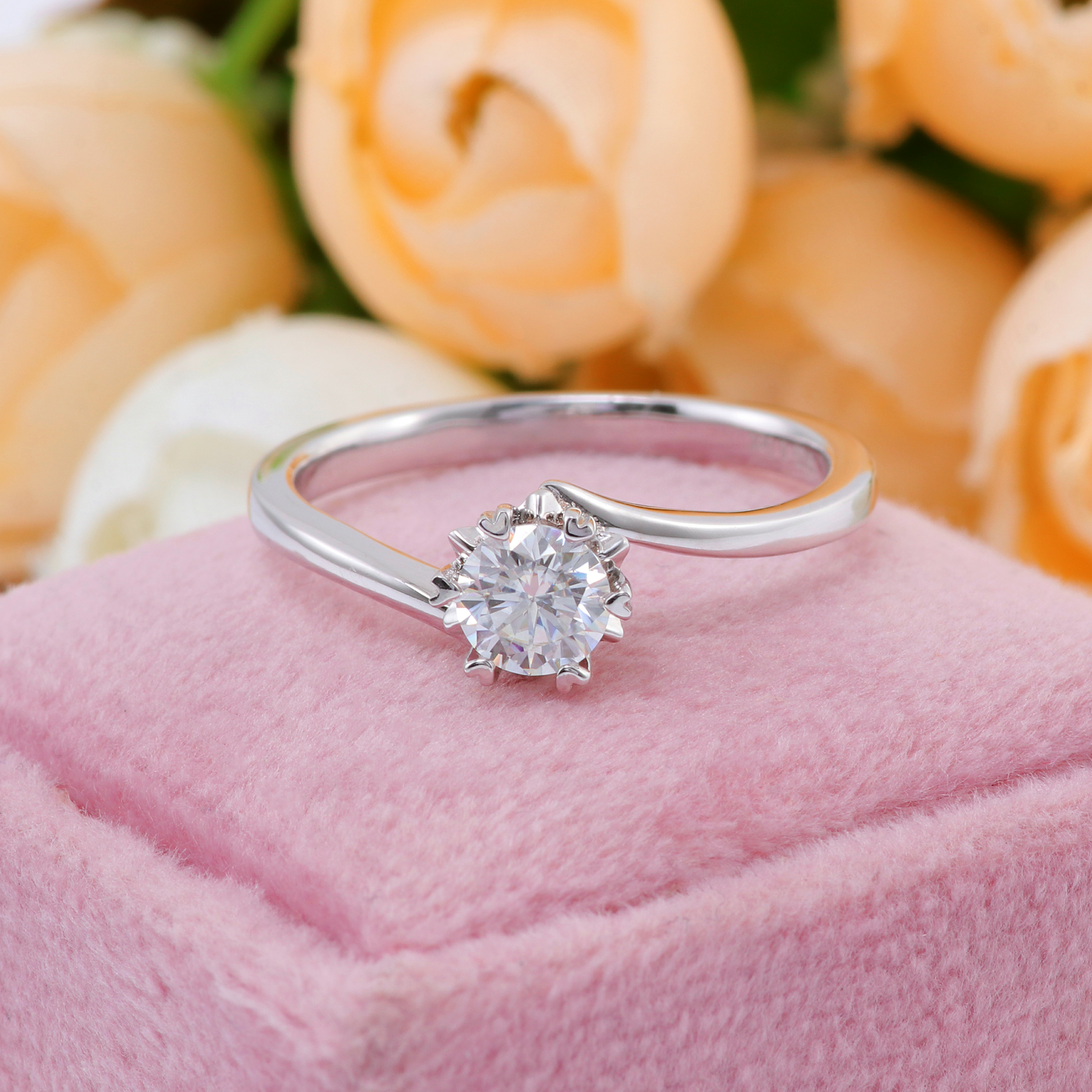 0.5 Carat Round Solitaire Moissanite Engagement Ring in Sterling Silver with 6 Heart-shaped Prongs