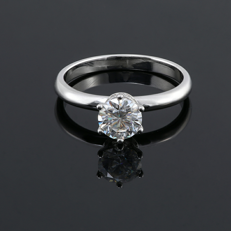 Sterling Silver Round Moissanite and White Diamond Ladies Solitaire Ring