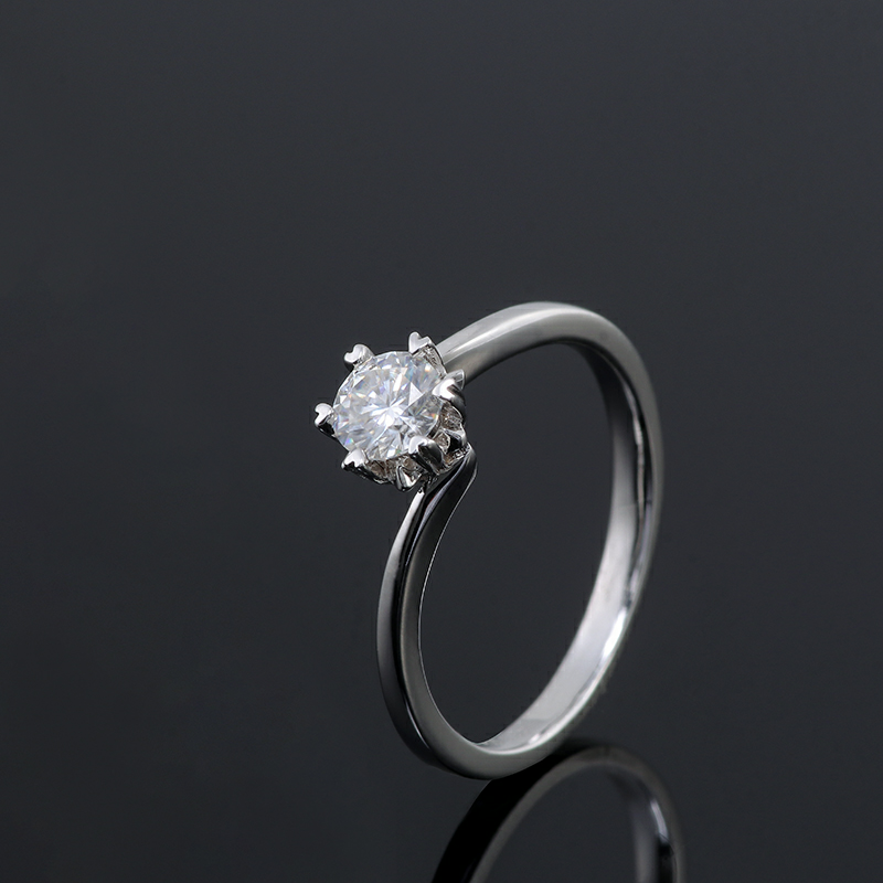 0.5 Carat Round Solitaire Moissanite Engagement Ring in Sterling Silver with 6 Heart-shaped Prongs