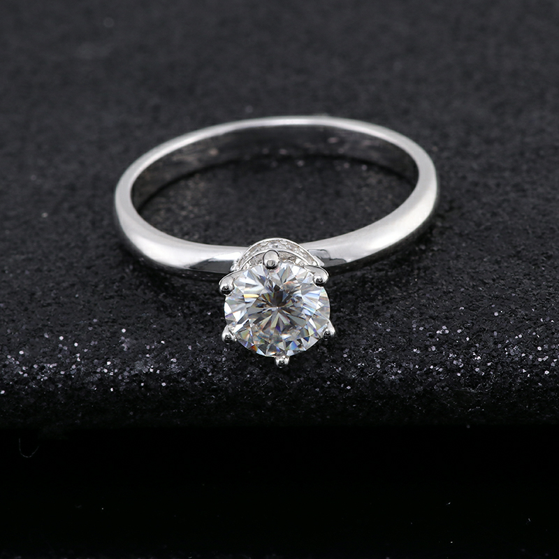 Sterling Silver Round Moissanite and White Diamond Ladies Solitaire Ring