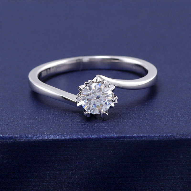 0.5 Carat Round Solitaire Moissanite Engagement Ring in Sterling Silver with 6 Heart-shaped Prongs